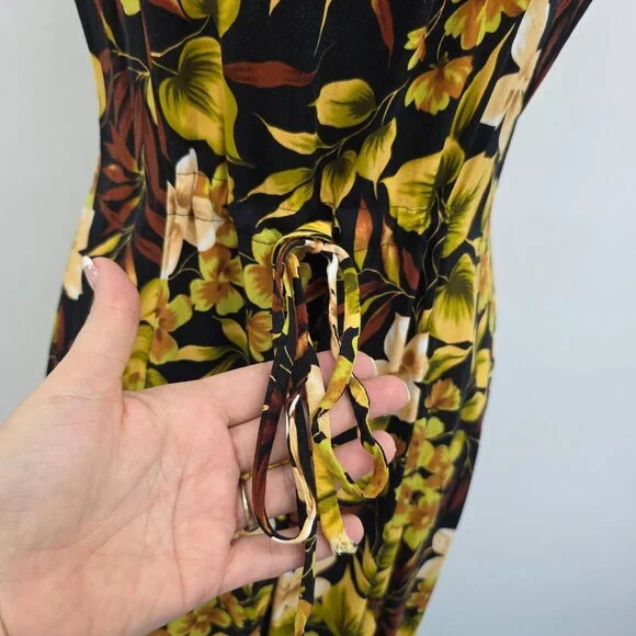 Vtg Scarlett Sleeveless Maxi Dress Womens 14 Black Yellow Hawaiian Floral Y2K - Picture 9 of 13